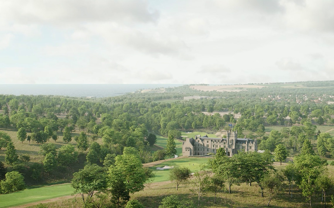 Artist's impression of an aerial view of Ury Estate including Ury Castle